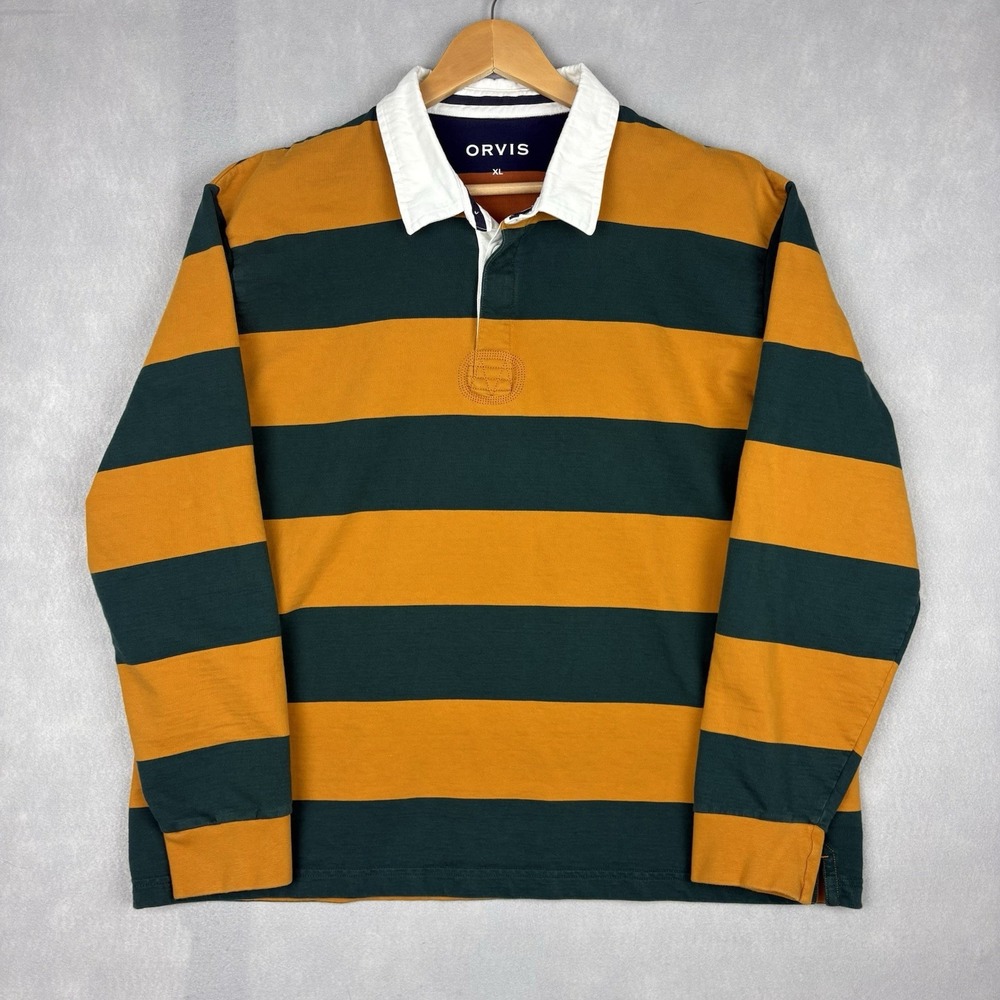 Orvis Rugby Shirt Men's XL Yellow Green Striped Long Sleeve Preppy Casual